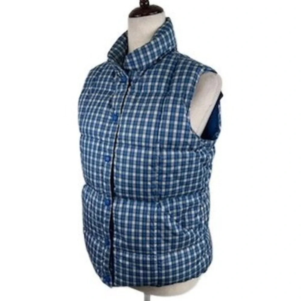 Lands' End Blue‎ Plaid Check Down Puffer Vest Button Women's Size Small